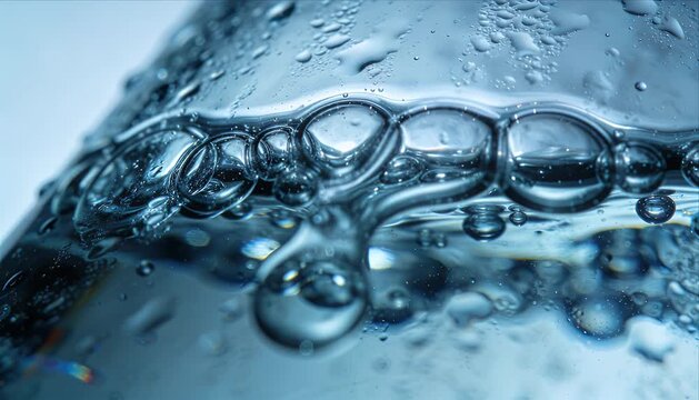 Macro dew drop liquid purity viscous slow motion pour macro citrus bubble shimmer detail shows clear water surface abstract wave pattern around clear citrus slice cool blue tone closeup texture