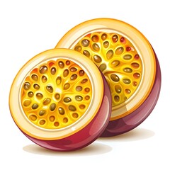 Passion fruit halves with vibrant orange pulp and seeds