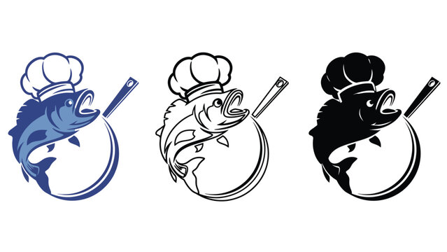 A cartoon fish wearing a chef's hat is jumping out of a frying pan.