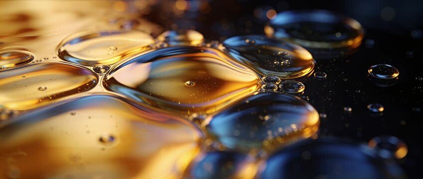 Macro dew drop liquid purity viscous slow motion pour citrus glow over abstract surface creating rich flowing texture sensual depth golden oil pattern background macro dew drop liquid purity viscous