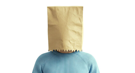 Person with paper bag over head wearing blue sweater