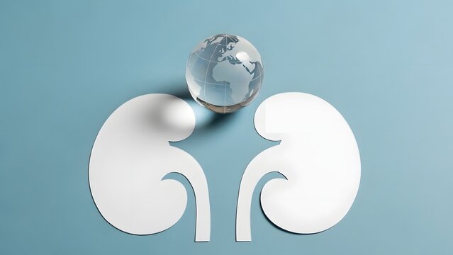 World Kidney Day Global kidney health awareness concept with paper cutout kidneys and a glass globe on a blue background, symbolizing worldwide medical care, organ well-being, and health support