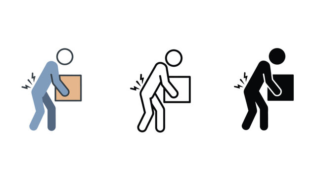 Three icons depicting a person lifting a box with back pain.