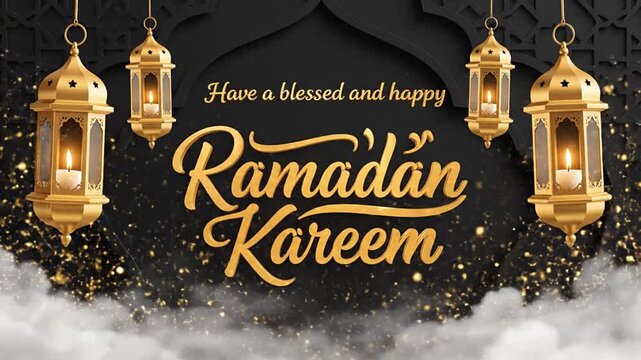 Vibrant Ramadan Kareem digital greeting card with golden lanterns and glowing bokeh. Perfect for Islamic holy month celebrations, fostering community spirit, faith, and traditional blessings.