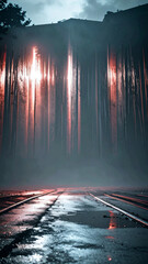 crimson, alloy red, molten ruby tones arranged as vertical electric geometric sparks