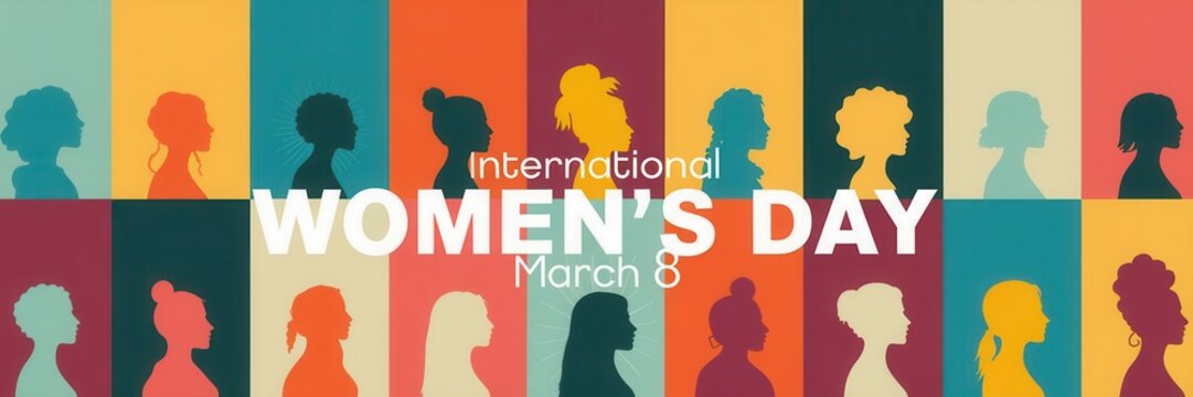 International womens day march 8 celebration banner with diverse female silhouettes and colorful background