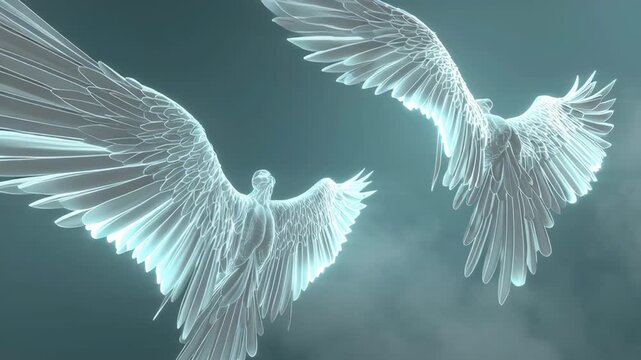 Abstract Digital Illustration of Ethereal Angel Wings with Glowing Light and Intricate Feather Details for Religious or Spiritual Themes