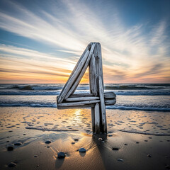 Beautiful Sunset Beach Scene With Wooden Number Four Sign
