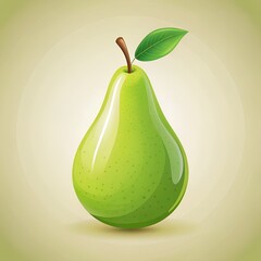 A vibrant green pear with a leafy stem against a soft gradient background