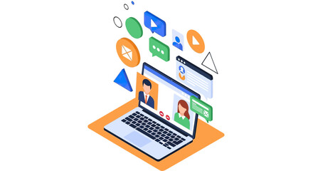 Isometric Laptop with Video Call and Social Media Icons.