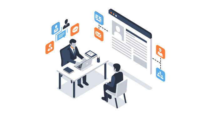 Isometric illustration of a job interview and recruitment process.