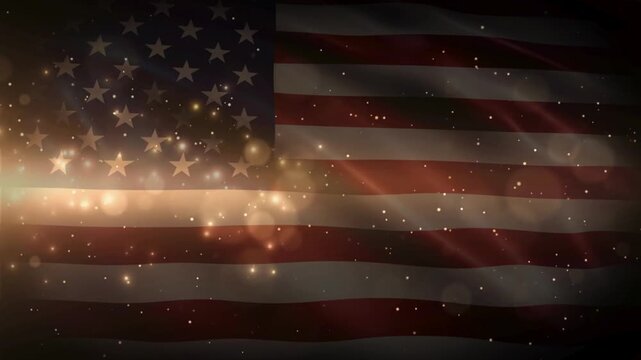 American Waving Flag animation with Particles gold glitter bokeh Background.