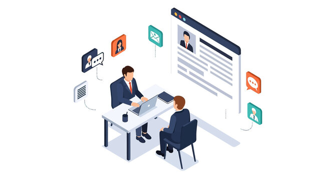 Isometric illustration of a job interview with two men at a desk and digital elements.