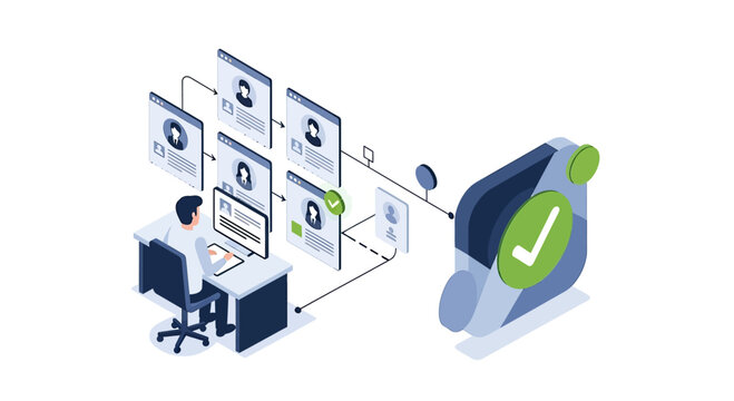 Isometric illustration of a person managing multiple user profiles and data flow.