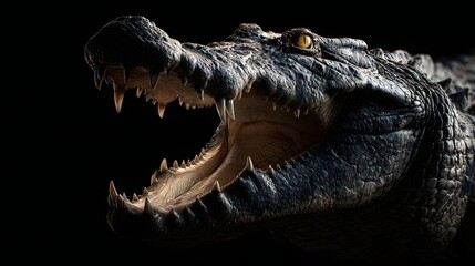 Obraz premium Close-up of a fearsome alligator with its jaws wide open, teeth exposed, in dark environment.