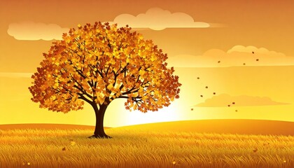 Obraz premium A vibrant autumn scene with a golden tree, fields, and a sunset sky
