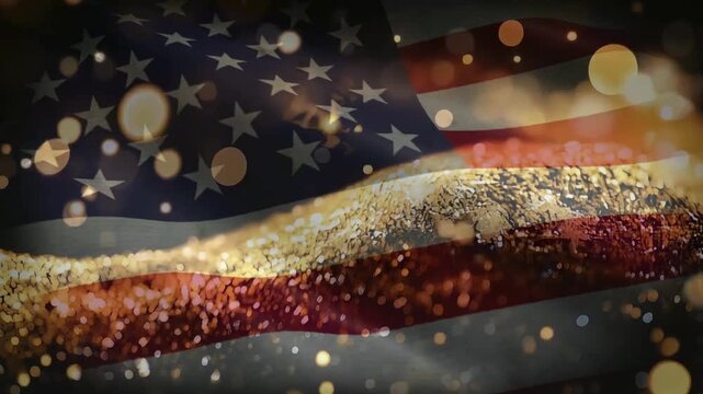 American Waving Flag animation with Particles gold glitter bokeh Background.