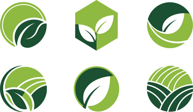 Set of minimalist green leaf logos featuring geometric circular and hexagonal designs for agriculture organic farming and environmental branding