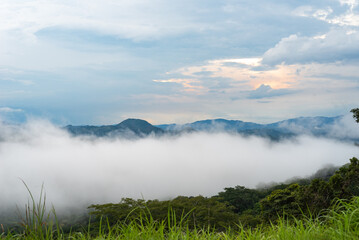 Fototapeta premium Tranquil Scenic View of Mountain Range Peeking Through Thick Fog Layer Landscape