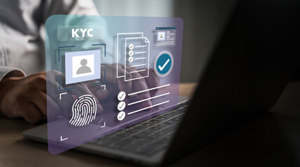 man typing on laptop KYC identity verification with biometric fingerprint, ID profile and document checklist, secure for banking OTP entry , fintech and compliance.