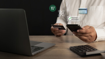 Secure payment successful concept with QR code, mobile cart and card , businessman confirms a transaction on smartphone cashless finance KYC digital verification