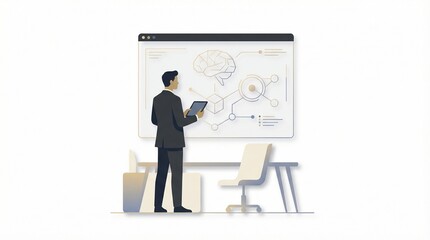 Businessman in a suit using a tablet while standing in front of a large screen displaying AI and business-related diagrams in a modern office setting with a minimalist aesthetic.