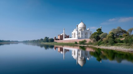 Serene Reflection of Iconic White Marble Structure in Calm Water Under Clear Blue Sky Surrounded by Lush Greenery and Historical Landscape