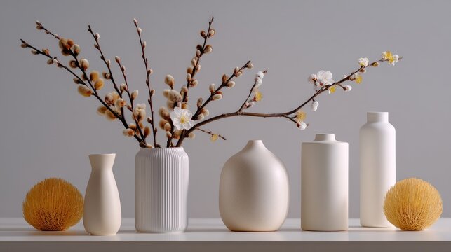 Elegant display of minimalist vases and delicate floral arrangements featuring soft colors and textured elements on a clean shelf backdrop