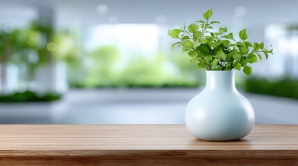 Fototapeta premium Elegant Green Plant in a Soft Blue Vase on Wooden Table Surrounded by Lush Nature Background in Modern Interior Space