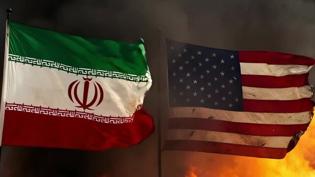 flags of iran and the usa waving against a background of thick black smoke and bright flames symbolizing conflict tension and geopolitical confrontation in a disaster zone