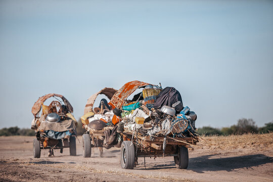 Nomadic people travel in old carts, carrying their world to the next horizon.