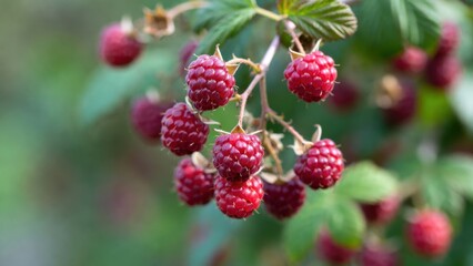 Ripe red raspberries hanging on bush in bright green garden.