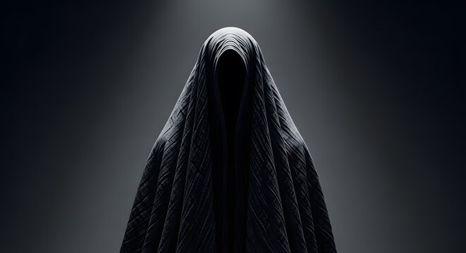 A mysterious faceless figure draped in a dark textured cloak under a dramatic spotlight