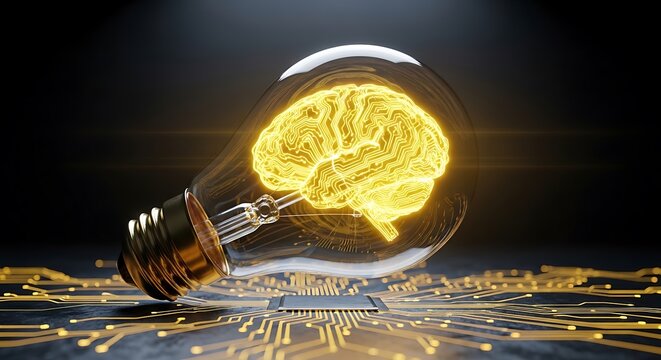 Glowing light bulb with circuit board brain on electronic components electronics