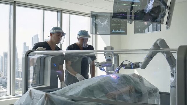 Medical Precision: Surgeons collaborate with a robotic surgical system in a modern operating room, demonstrating cutting-edge technology and expertise.