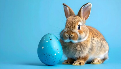 Obraz premium A fluffy brown rabbit sits next to a speckled blue egg against a vibrant blue background
