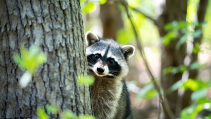 Obraz premium Curious raccoon peering behind tree in lush forest environment.