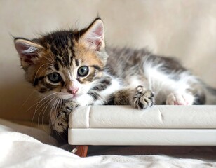 Adorable feline kitten with captivating gaze resting on white surface