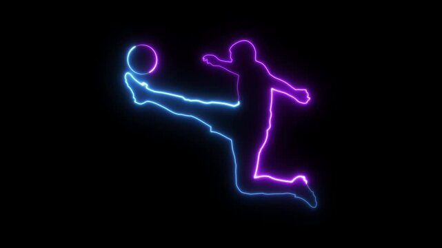 Football player icon neon glowing animation on black background. exercise, football action, football concept. 4k stock video.