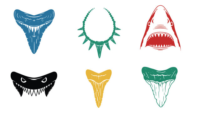 A collection of stylized shark teeth and a necklace on a white background.