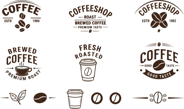 Premium vintage coffee shop badge set featuring roasted beans espresso cups and rustic typography for cafe branding and packaging