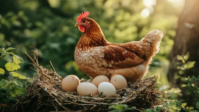 Hen standing proudly in nest with eggs
