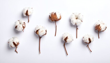A collection of cotton bolls arranged artistically against a clean white background