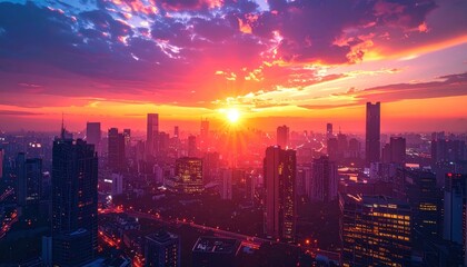 Obraz premium Vibrant sunset bathes a cityscape in warm hues, with skyscrapers silhouetted against the sky
