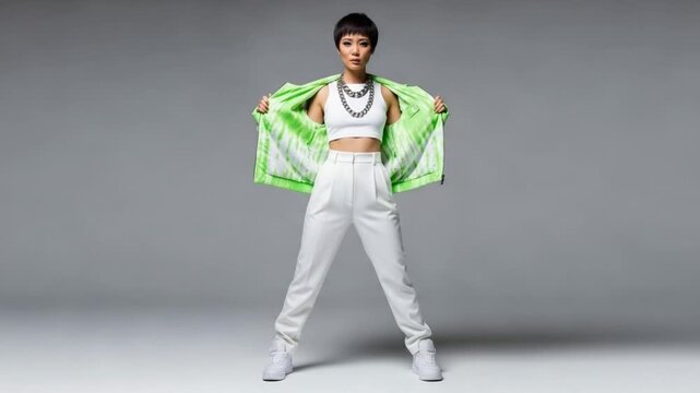 Young woman in white outfit holding green jacket with white tie dye pattern