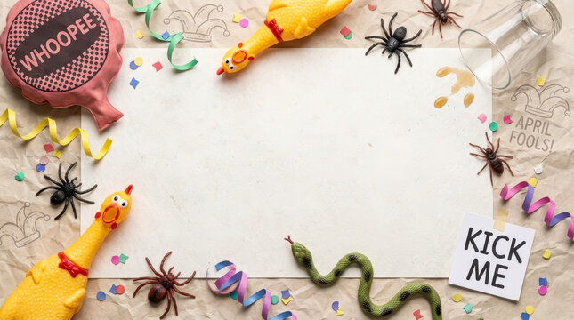 April fools pranks for background with copy space toys spiders rubber chicken