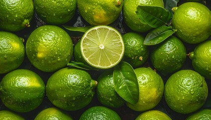 A vibrant arrangement of limes including one halved lime, surrounded by fresh green leaves