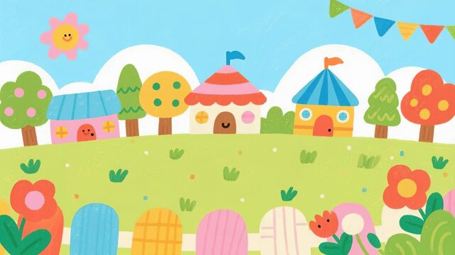 A vibrant vector illustration of a spring landscape featuring houses and flowers under a sunny sky with a rainbow, playful rabbits, and colorful Easter eggs in the green grass