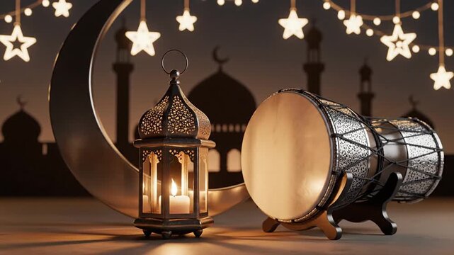 A beautiful composition of a crescent moon, illuminated lantern, and darbuka drum, set against mosque silhouettes and star lights. Perfect for Ramadan, Eid al-Fitr, and Eid al-Adha greetings,...