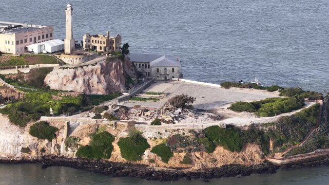 Alcatraz Island prison and lighthouse in San Francisco Bay, California, helicopter view. g.